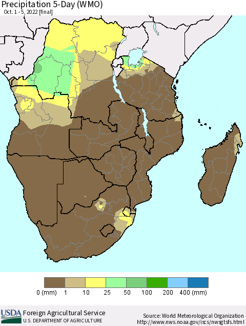 Southern Africa Precipitation 5-Day (WMO) Thematic Map For 10/1/2022 - 10/5/2022