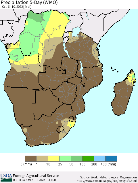 Southern Africa Precipitation 5-Day (WMO) Thematic Map For 10/6/2022 - 10/10/2022