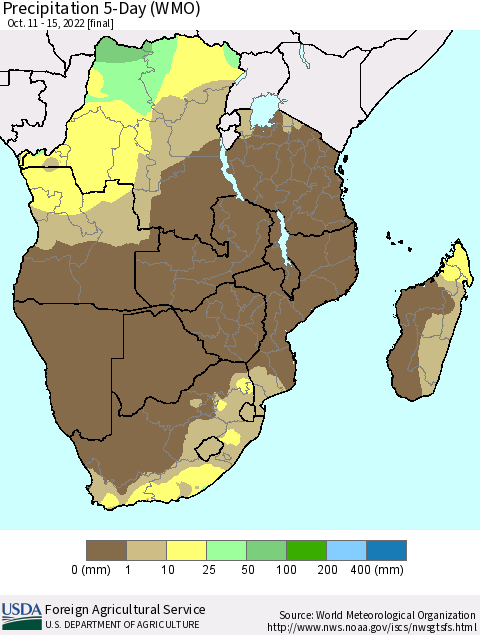 Southern Africa Precipitation 5-Day (WMO) Thematic Map For 10/11/2022 - 10/15/2022