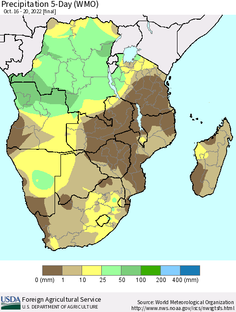 Southern Africa Precipitation 5-Day (WMO) Thematic Map For 10/16/2022 - 10/20/2022