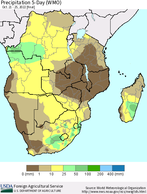 Southern Africa Precipitation 5-Day (WMO) Thematic Map For 10/21/2022 - 10/25/2022