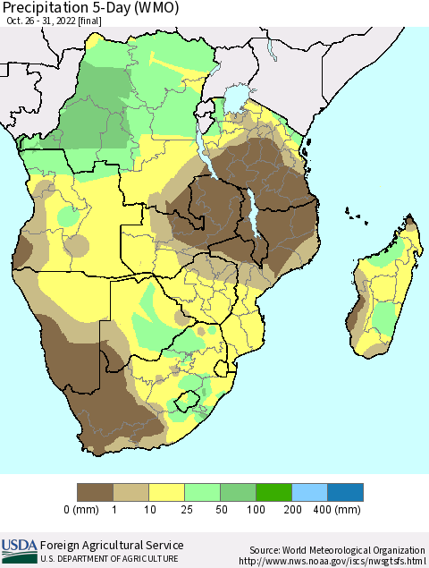 Southern Africa Precipitation 5-Day (WMO) Thematic Map For 10/26/2022 - 10/31/2022