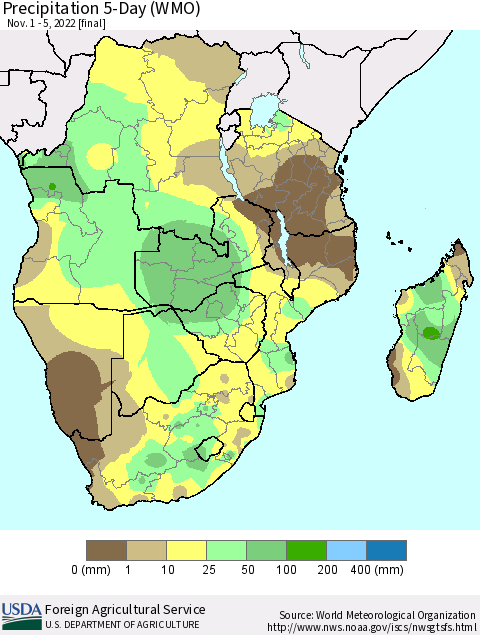 Southern Africa Precipitation 5-Day (WMO) Thematic Map For 11/1/2022 - 11/5/2022