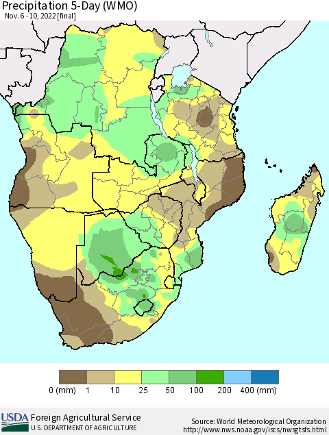 Southern Africa Precipitation 5-Day (WMO) Thematic Map For 11/6/2022 - 11/10/2022