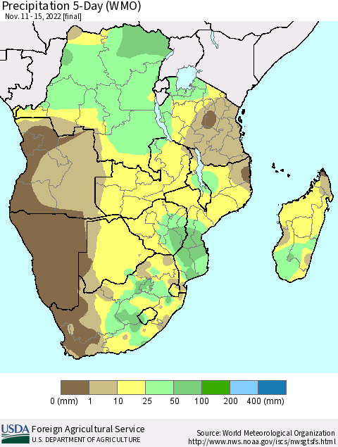 Southern Africa Precipitation 5-Day (WMO) Thematic Map For 11/11/2022 - 11/15/2022