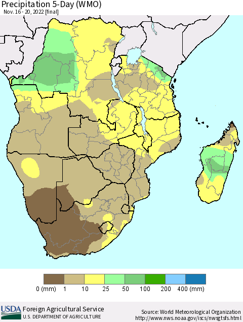 Southern Africa Precipitation 5-Day (WMO) Thematic Map For 11/16/2022 - 11/20/2022