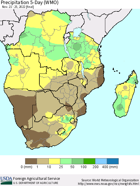 Southern Africa Precipitation 5-Day (WMO) Thematic Map For 11/21/2022 - 11/25/2022