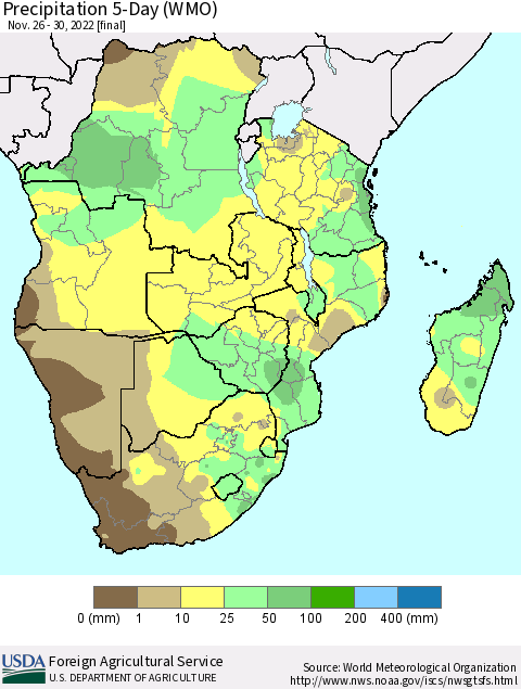 Southern Africa Precipitation 5-Day (WMO) Thematic Map For 11/26/2022 - 11/30/2022