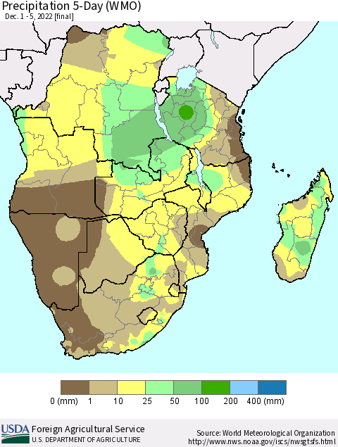 Southern Africa Precipitation 5-Day (WMO) Thematic Map For 12/1/2022 - 12/5/2022