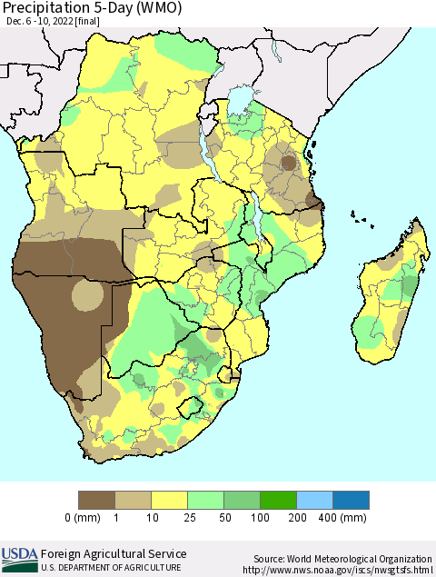 Southern Africa Precipitation 5-Day (WMO) Thematic Map For 12/6/2022 - 12/10/2022