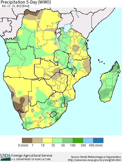 Southern Africa Precipitation 5-Day (WMO) Thematic Map For 12/11/2022 - 12/15/2022