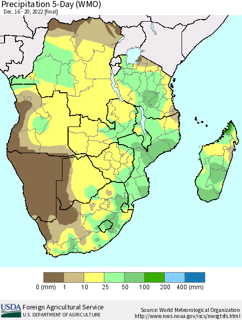 Southern Africa Precipitation 5-Day (WMO) Thematic Map For 12/16/2022 - 12/20/2022