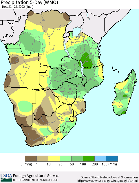 Southern Africa Precipitation 5-Day (WMO) Thematic Map For 12/21/2022 - 12/25/2022