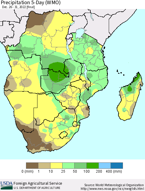 Southern Africa Precipitation 5-Day (WMO) Thematic Map For 12/26/2022 - 12/31/2022