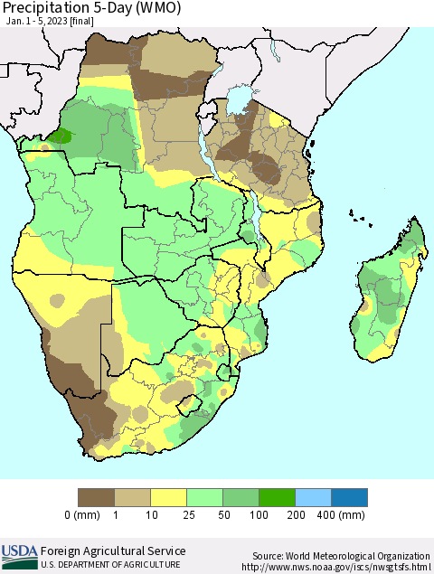 Southern Africa Precipitation 5-Day (WMO) Thematic Map For 1/1/2023 - 1/5/2023