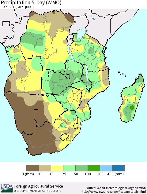 Southern Africa Precipitation 5-Day (WMO) Thematic Map For 1/6/2023 - 1/10/2023