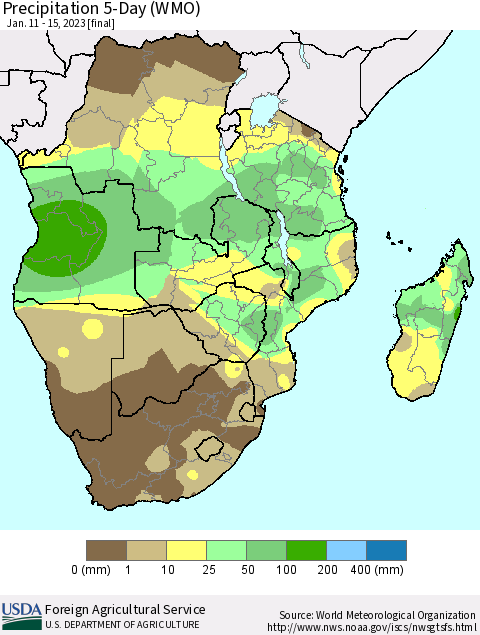 Southern Africa Precipitation 5-Day (WMO) Thematic Map For 1/11/2023 - 1/15/2023