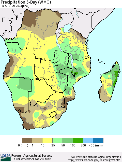 Southern Africa Precipitation 5-Day (WMO) Thematic Map For 1/16/2023 - 1/20/2023