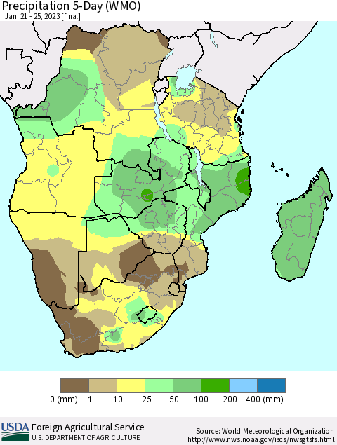 Southern Africa Precipitation 5-Day (WMO) Thematic Map For 1/21/2023 - 1/25/2023
