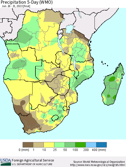 Southern Africa Precipitation 5-Day (WMO) Thematic Map For 1/26/2023 - 1/31/2023