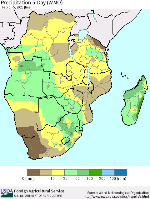 Southern Africa Precipitation 5-Day (WMO) Thematic Map For 2/1/2023 - 2/5/2023