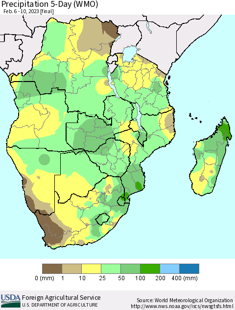Southern Africa Precipitation 5-Day (WMO) Thematic Map For 2/6/2023 - 2/10/2023