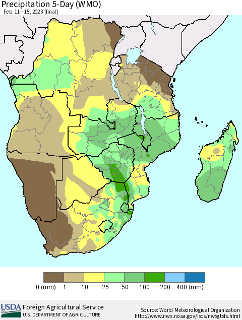 Southern Africa Precipitation 5-Day (WMO) Thematic Map For 2/11/2023 - 2/15/2023