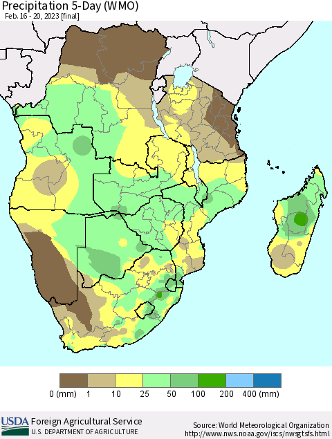 Southern Africa Precipitation 5-Day (WMO) Thematic Map For 2/16/2023 - 2/20/2023