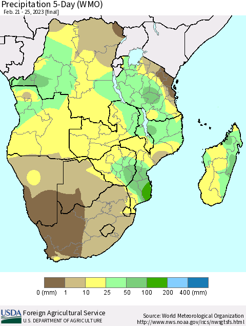 Southern Africa Precipitation 5-Day (WMO) Thematic Map For 2/21/2023 - 2/25/2023