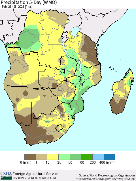 Southern Africa Precipitation 5-Day (WMO) Thematic Map For 2/26/2023 - 2/28/2023