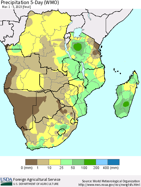 Southern Africa Precipitation 5-Day (WMO) Thematic Map For 3/1/2023 - 3/5/2023
