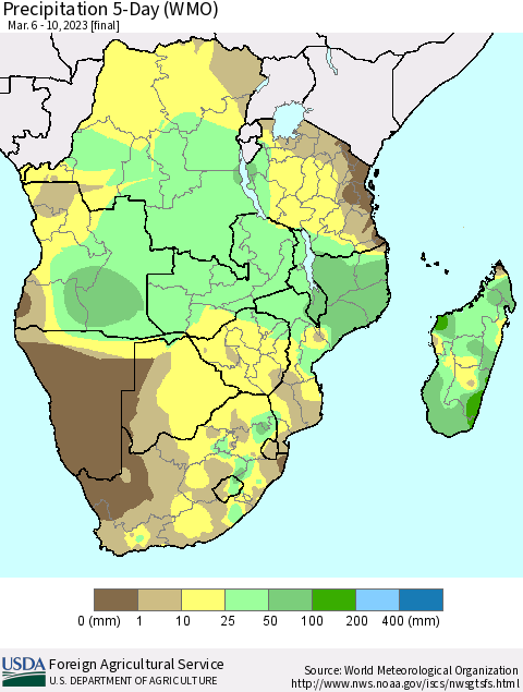Southern Africa Precipitation 5-Day (WMO) Thematic Map For 3/6/2023 - 3/10/2023