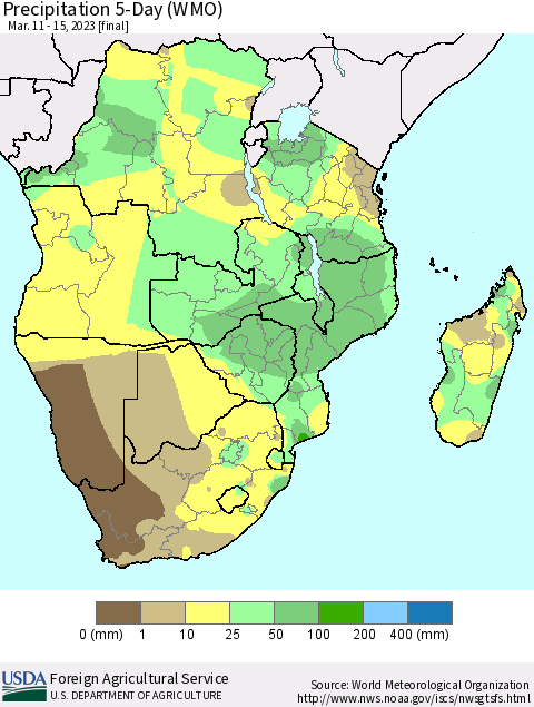 Southern Africa Precipitation 5-Day (WMO) Thematic Map For 3/11/2023 - 3/15/2023