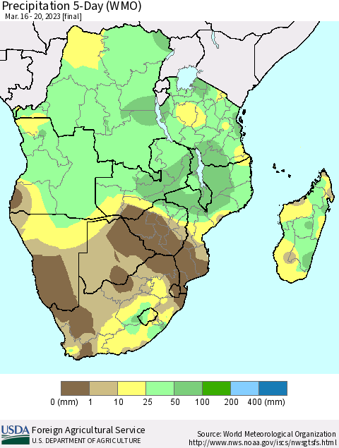 Southern Africa Precipitation 5-Day (WMO) Thematic Map For 3/16/2023 - 3/20/2023