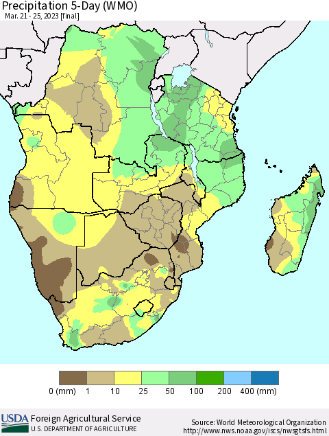 Southern Africa Precipitation 5-Day (WMO) Thematic Map For 3/21/2023 - 3/25/2023