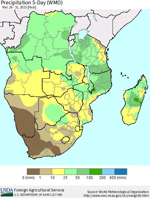 Southern Africa Precipitation 5-Day (WMO) Thematic Map For 3/26/2023 - 3/31/2023