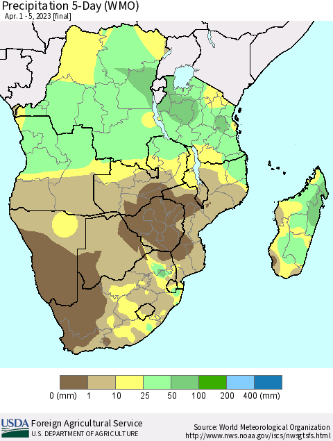 Southern Africa Precipitation 5-Day (WMO) Thematic Map For 4/1/2023 - 4/5/2023