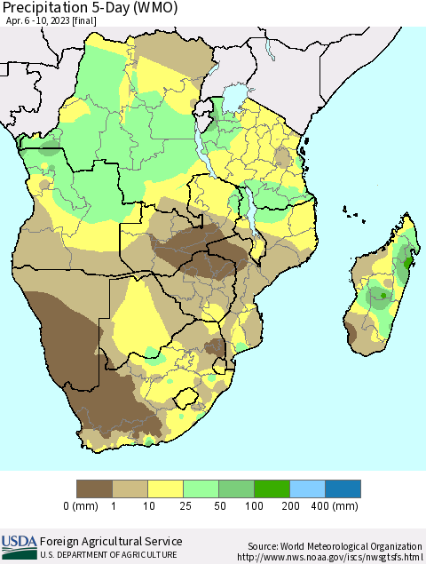Southern Africa Precipitation 5-Day (WMO) Thematic Map For 4/6/2023 - 4/10/2023