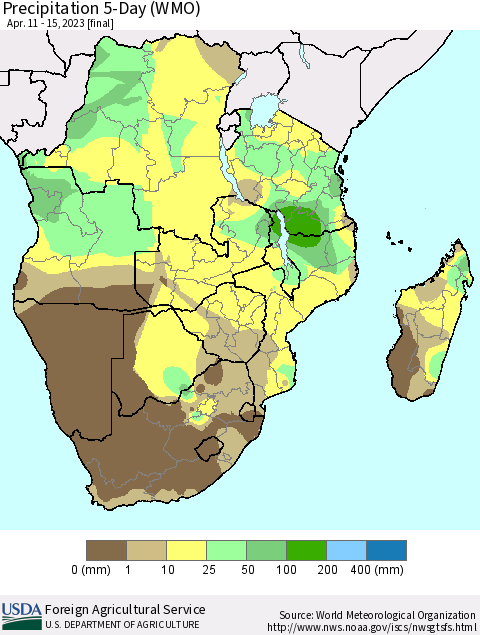 Southern Africa Precipitation 5-Day (WMO) Thematic Map For 4/11/2023 - 4/15/2023