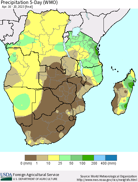 Southern Africa Precipitation 5-Day (WMO) Thematic Map For 4/16/2023 - 4/20/2023