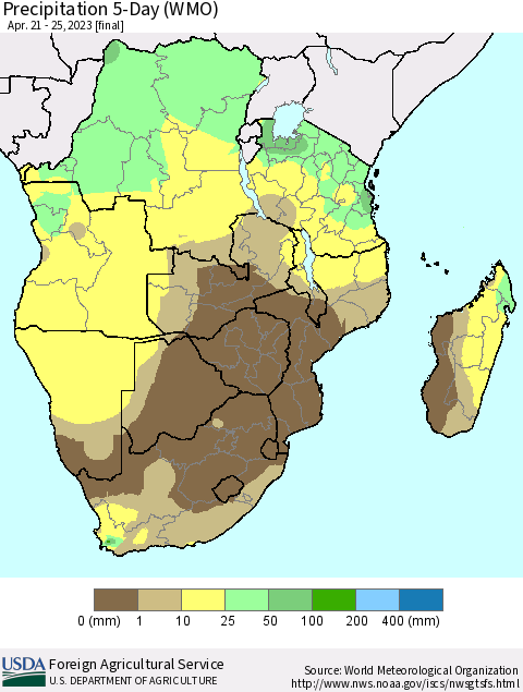 Southern Africa Precipitation 5-Day (WMO) Thematic Map For 4/21/2023 - 4/25/2023