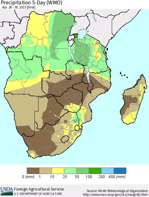 Southern Africa Precipitation 5-Day (WMO) Thematic Map For 4/26/2023 - 4/30/2023