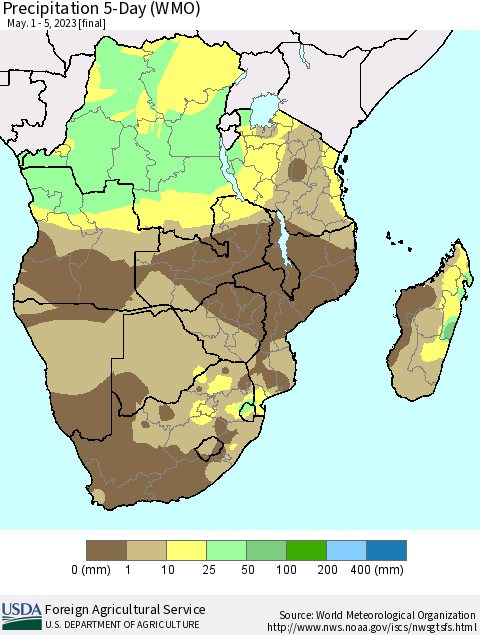 Southern Africa Precipitation 5-Day (WMO) Thematic Map For 5/1/2023 - 5/5/2023