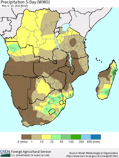 Southern Africa Precipitation 5-Day (WMO) Thematic Map For 5/6/2023 - 5/10/2023