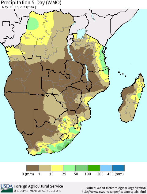 Southern Africa Precipitation 5-Day (WMO) Thematic Map For 5/11/2023 - 5/15/2023