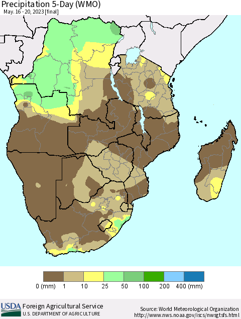 Southern Africa Precipitation 5-Day (WMO) Thematic Map For 5/16/2023 - 5/20/2023