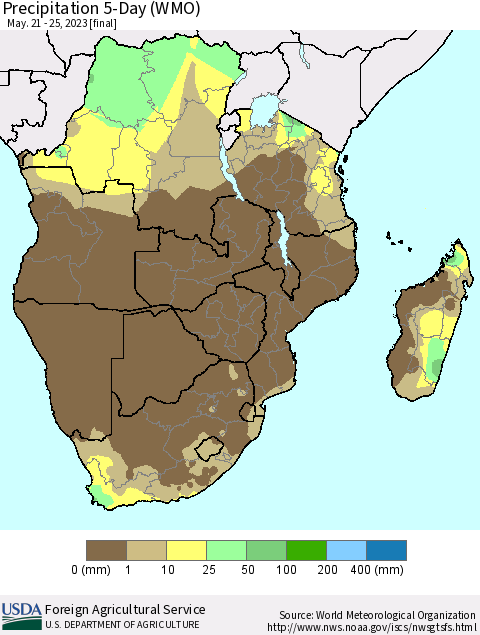 Southern Africa Precipitation 5-Day (WMO) Thematic Map For 5/21/2023 - 5/25/2023