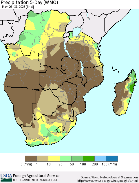 Southern Africa Precipitation 5-Day (WMO) Thematic Map For 5/26/2023 - 5/31/2023