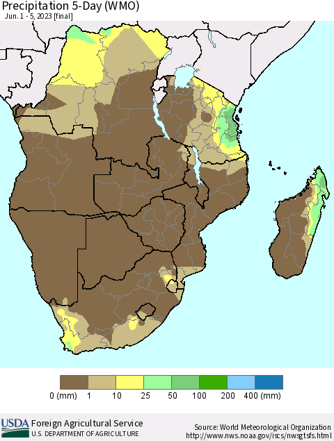 Southern Africa Precipitation 5-Day (WMO) Thematic Map For 6/1/2023 - 6/5/2023
