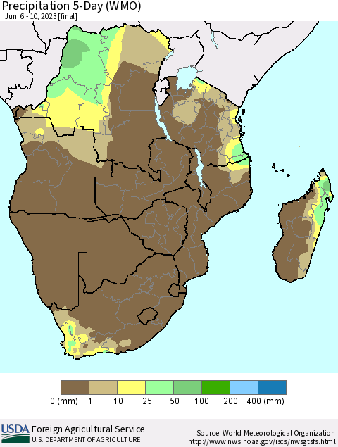 Southern Africa Precipitation 5-Day (WMO) Thematic Map For 6/6/2023 - 6/10/2023
